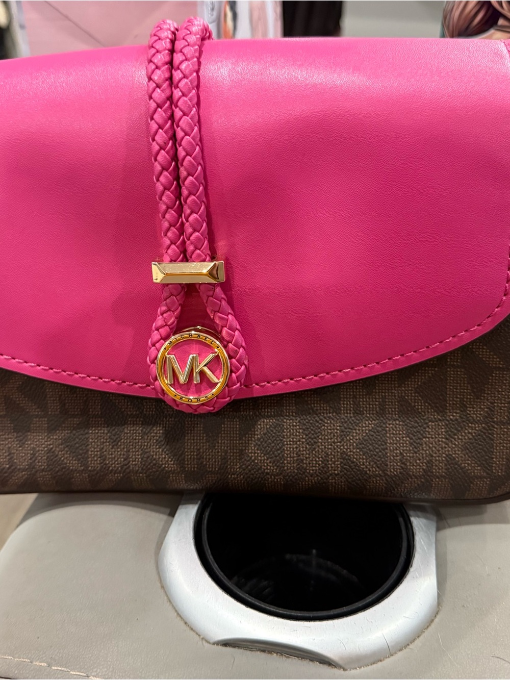 Michael Kors Hot Pink Flap Crossbody with Brown Logo Body